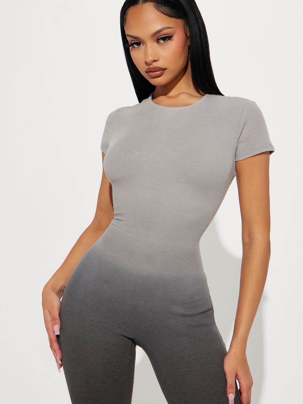 Fashion Nova Gray Ombre Ribbed Short-Sleeve Jumpsuit